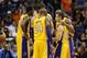 Jan. 30, 2013; Phoenix, AZ, USA: Los Angeles Lakers guard Steve Nash (10) and Kobe Bryant (24) in the huddle with teammates in the second half against the Phoenix Suns at the US Airways Center. The Suns defeated the Lakers 92-86. Mandatory Credit: Mark J. Rebilas-USA TODAY Sports