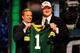 NEW YORK - APRIL 22: Bryan Bulaga from the Iowa Hawkeyes poses with NFL Commissioner Roger Goodell as they hold up a Green Bay Packers jersey after the Packers drafted Bulaga number 23 overall during the first round of the 2010 NFL Draft at Radio City Music Hall on April 22, 2010 in New York City. (Photo by Jeff Zelevansky/Getty Images)
