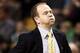 Apr 3, 2013; Boston, MA, USA; Detroit Pistons head coach Lawrence Frank reacts to a call against his team during the second quarter of an NBA game at TD Garden against the Boston Celtics. Mandatory Credit: Winslow Townson-USA TODAY Sports