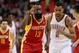 Feb 20, 2013; Houston, TX, USA; Houston Rockets shooting guard James Harden (13) reacts after scoring a basket during the first quarter against the Oklahoma City Thunder at Toyota Center. Mandatory Credit: Troy Taormina-USA TODAY Sports