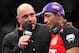 Feb 2, 2013; Las Vegas, NV, USA; Joe Rogan (left) interviews Jose Aldo (right) after his victory over Frankie Edgar during UFC 156 at the Mandalay Bay Events Center. Mandatory Credit: Gary A. Vasquez-USA TODAY Sports