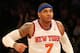 Apr 14, 2013; New York, NY, USA; New York Knicks small forward Carmelo Anthony (7) reacts during the third quarter against the Indiana Pacers at Madison Square Garden. Knicks won 90-80. Mandatory Credit: Anthony Gruppuso-USA TODAY Sports