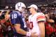 INDIANAPOLIS - SEPTEMBER 19: Eli Manning #10 of the New York Giants and Peyton Manning #18 of the Indianapolis Colts embrace following the Colts 38-14 win at Lucas Oil Stadium on September 19, 2010 in Indianapolis, Indiana. (Photo by Andy Lyons/Getty Images)