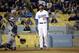 Apr 17, 2013; Los Angeles, CA, USA; Los Angeles Dodgers center fielder Matt Kemp (27) reacts after a strike call against the San Diego Padres at Dodger Stadium. Mandatory Credit: Richard Mackson-USA TODAY Sports