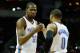 HOUSTON, TX - FEBRUARY 20: Kevin Durant #35 and Russell Westbrook #0 of the Oklahoma City Thunder get ready for the game against the Houston Rockets at Toyota Center on February 20, 2013 in Houston, Texas. NOTE TO USER: User expressly acknowledges and agrees that, by downloading and or using this photograph, User is consenting to the terms and conditions of the Getty Images License Agreement. (Photo by Scott Halleran/Getty Images)