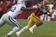AMES, IA- OCTOBER 13: Running back Shontrelle Johnson #21 of the Iowa State Cyclones rushes up field during the first quarter past defensive end Meshak Williams #42 of the Kansas State Wildcats on October 13, 2012 at Jack Trice Stadium in Ames, Iowa. Kansas State defeated Iowa State 27-20. (Photo by Matthew Holst/Getty Images)