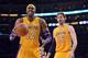 LOS ANGELES, CA - DECEMBER 28: Pau Gasol #16 and Dwight Howard #12 of the Los Angeles Lakers react to a foul call during the game against the Portland Trail Blazers at Staples Center on December 28, 2012 in Los Angeles, California. The Lakers won 104-87. NOTE TO USER: User expressly acknowledges and agrees that, by downloading and or using this photograph, User is consenting to the terms and conditions of the Getty Images License Agreement. (Photo by Harry How/Getty Images)