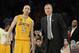 Apr 12, 2013; Los Angeles, CA, USA; Los Angeles Lakers head coach Mike D'Antoni instructs Los Angeles Lakers point guard Steve Blake (5) against the Golden State Warriors during the game at Staples Center. Mandatory Credit: Richard Mackson-USA TODAY Sports