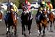 LEXINGTON, KY - APRIL 13: Java's War #4, riden by Julien Leparoux (L), crosses the finish line ahead of Charming Kitten #8, riden by Joe Bravo and Palace Malice #5, riden by Garrett Gomez to win the 89th Toyota Blue Grass Stakes at Keenland Race Course on April 13, 2013 in Lexington, Kentucky. (Photo by Matthew Stockman/Getty Images)