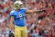 PASADENA, CA - NOVEMBER 17: Joseph Fauria #8 of the UCLA Bruins lines up against the USC Trojans at Rose Bowl on November 17, 2012 in Pasadena, California. UCLA would win the game 38-28. (Photo by Harry How/Getty Images)