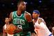 Apr 20, 2013; New York, NY, USA; Boston Celtics power forward Jeff Green (8) looks to pass the ball as New York Knicks small forward Carmelo Anthony (7) defends during game one of the first round of the 2013 NBA playoffs at Madison Square Garden. Mandatory Credit: Debby Wong-USA TODAY Sports