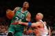 NEW YORK, NY - APRIL 20: Jason Kidd #5 of the New York Knicks fouls Paul Pierce #34 of the Boston Celtics during Game One of the Eastern Conference Quarterfinals of the 2013 NBA Playoffs on April 20, 2013 at Madison Square Garden in New York City. The New York Knicks defeated the Boston Celtics 85-78. NOTE TO USER: User expressly acknowledges and agrees that, by downloading and/or using this photograph, user is consenting to the terms and conditions of the Getty Images License Agreement. (Photo by Elsa/Getty Images)
