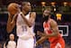 OKLAHOMA CITY, OK - APRIL 21: Kevin Durant #35 of the Oklahoma City Thunder looks to pass the ball guarded by James Harden #13 of the Houston Rockets during the first half of Game One of the Western Conference Quarterfinals of the 2013 NBA Playoffs at Chesapeake Energy Arena on April 21, 2013 in Oklahoma City, Oklahoma. The Thunder defeated the Rockets 120-91. NOTE TO USER: User expressly acknowledges and agrees that, by downloading and or using this photograph, User is consenting to the terms and conditions of the Getty Images License Agreement. (Photo by Christian Petersen/Getty Images)
