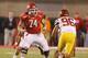 SALT LAKE CITY, UT - OCTOBER 4: Sam Brenner #74 of the Utah Ute's looks to block Wes Horton #96 of the USC Trojans during the second half of a college football game on October 4, 2012 at Rice-Eccles Stadium in Salt Lake City, Utah. USC beat Utah 38-28. (Photo by George Frey/Getty Images)