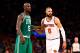 Apr 20, 2013; New York, NY, USA; New York Knicks center Tyson Chandler (6) and Boston Celtics center Kevin Garnett (5) on the court during game one of the first round of the 2013 NBA playoffs at Madison Square Garden. Knicks won 85-78. Mandatory Credit: Debby Wong-USA TODAY Sports