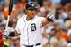 July 16, 2012; Detroit, MI, USA; Detroit Tigers third baseman Miguel Cabrera (24) checked with the first base umpire while at bat against the Los Angeles Angels at Comerica Park. Mandatory Credit: Rick Osentoski-USA TODAY Sports