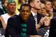 BOSTON, MA - MARCH 29: Rajon Rondo of the Boston Celtics sits on the bench during the game against the Atlanta Hawks on March 29, 2013 at TD Garden in Boston, Massachusetts. NOTE TO USER: User expressly acknowledges and agrees that, by downloading and or using this photograph, User is consenting to the terms and conditions of the Getty Images License Agreement. (Photo by Jared Wickerham/Getty Images)
