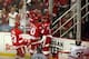 DETROIT - MAY 17: Dan Cleary #11 of the Detroit Red Wings celebrates with his teammates after he scored a goal in the third period against goalie Nikolai Khabibulin #39 of the Chicago Blackhawks during Game One of the Western Conference Championship Round of the 2009 Stanley Cup Playoffs on May 17, 2009 at Joe Louis Arena in Detroit, Michigan. (Photo by Claus Andersen/Getty Images)
