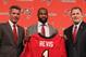 Apr 22, 2013; Tampa, FL, USA; Tampa Bay Buccaneers cornerback Darrelle Revis (middle) poses for a photo with a jersey at a press conference with general manager Mark Dominik (left) and head coach Greg Schiano at One Buccaneer Place. Mandatory Credit: Kim Klement-USA TODAY Sports