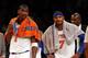 NEW YORK, NY - JANUARY 27: Amar'e Stoudemire #1 and Carmelo Anthony #7 of the New York Knicks stand near the bench during as a play is reviewed in the first half against the Atlanta Hawks on January 27, 2013 at Madison Square Garden in New York City. NOTE TO USER: User expressly acknowledges and agrees that, by downloading and/or using this photograph, user is consenting to the terms and conditions of the Getty Images License Agreement. (Photo by Elsa/Getty Images)