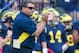 ANN ARBOR, MI - OCTOBER 29: Head coach Brady Hoke cheers on his team from the sideline while playing the Purdue Boilermakers at Michigan Stadium on October 29, 2011 in Ann Arbor, Michigan. Michigan won the game 36-14. (Photo by Gregory Shamus/Getty Images)