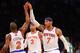 NEW YORK, NY - APRIL 23: Carmelo Anthony #7 of the New York Knicks celebrates with Raymond Felton #2 of the New York Knicks during their 87-71 win against the Boston Celtics during Game two of the Eastern Conference Quarterfinals of the 2013 NBA Playoffs at Madison Square Garden on April 23, 2013 in New York City. NOTE TO USER: User expressly acknowledges and agrees that, by downloading and or using this photograph, User is consenting to the terms and conditions of the Getty Images License Agreement. (Photo by Al Bello/Getty Images)