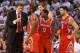 OKLAHOMA CITY, OK - APRIL 24: Head coach Kevin McHale of the Houston Rockets talks with James Harden #13, Patrick Beverley #12, Omer Asik #3 and Carlos Delfino #10 during a break from Game Two of the Western Conference Quarterfinals of the 2013 NBA Playoffs against the Oklahoma City Thunder at Chesapeake Energy Arena on April 24, 2013 in Oklahoma City, Oklahoma. The Thunder defeated the Rockets 105-102. NOTE TO USER: User expressly acknowledges and agrees that, by downloading and or using this photograph, User is consenting to the terms and conditions of the Getty Images License Agreement. (Photo by Christian Petersen/Getty Images)