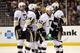 BOSTON, MA - APRIL 20: Jarome Iginla #12 of the Pittsburgh Penguins celebrates with teammates after scoring a goal against the Boston Bruins in the third period at the TD Garden on April 20, 2013 in Boston, Massachusetts. The Penguins defeated the Bruins 3-2. (Photo by Alex Trautwig/Getty Images)
