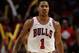 CHICAGO, IL - APRIL 28: Derrick Rose #1 of the Chicago Bulls reacts after hitting a three-point shot against the Philadelphia 76ers in Game One of the Eastern Conference Quarterfinals during the 2012 NBA Playoffs at the United Center on April 28, 2012 in Chicago, Illinois. The Bulls defeated the 76ers 103-91. NOTE TO USER: User expressly acknowledges and agrees that, by downloading and or using this photograph, User is consenting to the terms and conditions of the Getty Images License Agreement. (Photo by Jonathan Daniel/Getty Images)