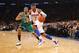 NEW YORK, NY - APRIL 23: Carmelo Anthony #7 of the New York Knicks drives against Paul Pierce #34 of the Boston Celtics during Game two of the Eastern Conference Quarterfinals of the 2013 NBA Playoffs at Madison Square Garden on April 23, 2013 in New York City. NOTE TO USER: User expressly acknowledges and agrees that, by downloading and or using this photograph, User is consenting to the terms and conditions of the Getty Images License Agreement. (Photo by Al Bello/Getty Images)