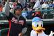 Jarvis Jones, a first round prospect, throws out first pitch with Daffy Duck. Daffy is seen more as an undrafted free agent, but there are always surprises in the draft.