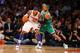 NEW YORK, NY - APRIL 23: Carmelo Anthony #7 of the New York Knicks dribbles against Paul Pierce #34 of the Boston Celtics during Game two of the Eastern Conference Quarterfinals of the 2013 NBA Playoffs at Madison Square Garden on April 23, 2013 in New York City. NOTE TO USER: User expressly acknowledges and agrees that, by downloading and or using this photograph, User is consenting to the terms and conditions of the Getty Images License Agreement. (Photo by Al Bello/Getty Images)