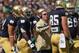 SOUTH BEND, IN - SEPTEMBER 08: Head coach Brian Kelly (R) of the Notre Dame Fighting Irish gives instructions to his team against the Purdue Boilermakers at Notre Dame Stadium on September 8, 2012 in South Bend, Indiana. Notre Dame defeated Purdue 21-17. (Photo by Jonathan Daniel/Getty Images)