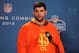 Feb 21, 2013; Indianapolis, IN, USA; Syracuse offensive lineman Justin Pugh speaks at a press conference during the 2013 NFL Combine at Lucas Oil Stadium. Mandatory Credit: Brian Spurlock-USA TODAY Sports