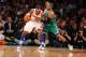 NEW YORK, NY - APRIL 23: Carmelo Anthony #7 of the New York Knicks dribbles against Paul Pierce #34 of the Boston Celtics during Game two of the Eastern Conference Quarterfinals of the 2013 NBA Playoffs at Madison Square Garden on April 23, 2013 in New York City. NOTE TO USER: User expressly acknowledges and agrees that, by downloading and or using this photograph, User is consenting to the terms and conditions of the Getty Images License Agreement. (Photo by Al Bello/Getty Images)