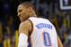 Apr 24, 2013; Oklahoma City, OK, USA; Oklahoma City Thunder guard Russell Westbrook (0) reacts to a play in action against the Houston Rockets in the second half during game two of the first round of the 2013 NBA Playoffs at Chesapeake Energy Arena. Mandatory Credit: Mark D. Smith-USA TODAY Sports