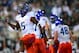 Aug 31, 2012; East Lansing, MI, USA; Boise State Broncos cornerback Jamar Taylor (5) celebrates after a pass was intercepted in the end zone in the second quarter against the Michigan State Spartans at Spartan Stadium. Mandatory Credit: Andrew Weber-US Presswire