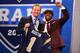 NEW YORK, NY - APRIL 25: Tavon Austin (R) of West Virginia Mountaineers reacts with NFL Commissioner Roger Goodell as they hold up a jersey on stage after Austin was picked #8 overall by the St. Louis Rams in the first round of the 2013 NFL Draft at Radio City Music Hall on April 25, 2013 in New York City. (Photo by Al Bello/Getty Images)