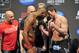 Apr 26, 2013; Newark, NJ, USA; Jon Jones (left) and Chael Sonnen face off after the weigh-in at the Prudential Center. Mandatory Credit: Joe Camporeale-USA TODAY Sports