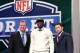 Apr 26, 2013; New York, NY, USA; NFL commissioner Roger Goodell (left) and former NFL player Mark Brunell (right) introduce Geno Smith (West Virginia) as the number thirty-ninth overall pick to the New York Jets during the 2013 NFL Draft at Radio City Music Hall. Mandatory Credit: Debby Wong-USA TODAY Sports