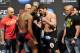 Apr 26, 2013; Newark, NJ, USA; Jon Jones (left) and Chael Sonnen face off after the weigh-in at the Prudential Center. Mandatory Credit: Joe Camporeale-USA TODAY Sports