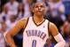 OKLAHOMA CITY, OK - APRIL 24: Russell Westbrook #0 of the Oklahoma City Thunder during Game Two of the Western Conference Quarterfinals of the 2013 NBA Playoffs against the Houston Rockets at Chesapeake Energy Arena on April 24, 2013 in Oklahoma City, Oklahoma. The Thunder defeated the Rockets 105-102. NOTE TO USER: User expressly acknowledges and agrees that, by downloading and or using this photograph, User is consenting to the terms and conditions of the Getty Images License Agreement. (Photo by Christian Petersen/Getty Images)