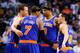 BOSTON, MA - APRIL 26: Carmelo Anthony #7 of the New York Knicks huddles together with teammates during Game Three of the Eastern Conference Quarterfinals of the 2013 NBA Playoffs against the Boston Celtics on April 26, 2013 at TD Garden in Boston, Massachusetts. NOTE TO USER: User expressly acknowledges and agrees that, by downloading and or using this photograph, User is consenting to the terms and conditions of the Getty Images License Agreement. (Photo by Jared Wickerham/Getty Images)