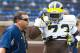 April 14, 2012; Ann Arbor, MI, USA; Michigan Wolverines head coach Brady Hoke talks to defensive tackle William Campbell (73) before the Michigan Spring game at Michigan Stadium. Mandatory Credit: Rick Osentoski-USA TODAY Sports