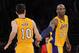 Mar 22, 2013; Los Angeles, CA, USA; Los Angeles Lakers shooting guard Kobe Bryant (24) and point guard Steve Nash (10) in the second half of the game against the Washington Wizards at the Staples Center. Wizards won 103-100. Mandatory Credit: Jayne Kamin-Oncea-USA TODAY Sports