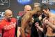 Apr 26, 2013; Newark, NJ, USA; Jon Jones (left) and Chael Sonnen face off after the weigh-in at the Prudential Center. Mandatory Credit: Joe Camporeale-USA TODAY Sports