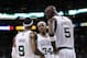 June 1, 2012; Boston, MA, USA; Boston Celtics small forward Paul Pierce (34) talks with point guard Rajon Rondo (9) and forward/center Kevin Garnett (5) during the third quarter against the Miami Heat in game three of the Eastern Conference finals of the 2012 NBA playoffs at TD Garden. Mandatory Credit: Greg M. Cooper-USA TODAY Sports