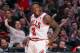 Apr 11, 2013; Chicago, IL, USA; Chicago Bulls point guard Nate Robinson (2) celebrates a three point basket during the second half against the New York Knicks at the United Center. Chicago won 118-111. Mandatory Credit: Dennis Wierzbicki-USA TODAY Sports