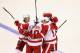 DALLAS, TX - APRIL 27: The Detroit Red Wings celebrate a goal by Henrik Zetterberg in the third period against the Dallas Stars at American Airlines Center on April 27, 2013 in Dallas, Texas. (Photo by Ronald Martinez/Getty Images)
