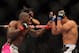 Apr 27, 2013; Newark, NJ, USA; Phil Davis (red shorts) competes against Vinny Magalhaes (black shorts) during UFC 159 at the Prudential Center. Mandatory Credit: Brad Penner-USA TODAY Sports